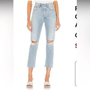 Agolde Riley High Rise Straight Crop Light Blue Distressed Jeans Size 28